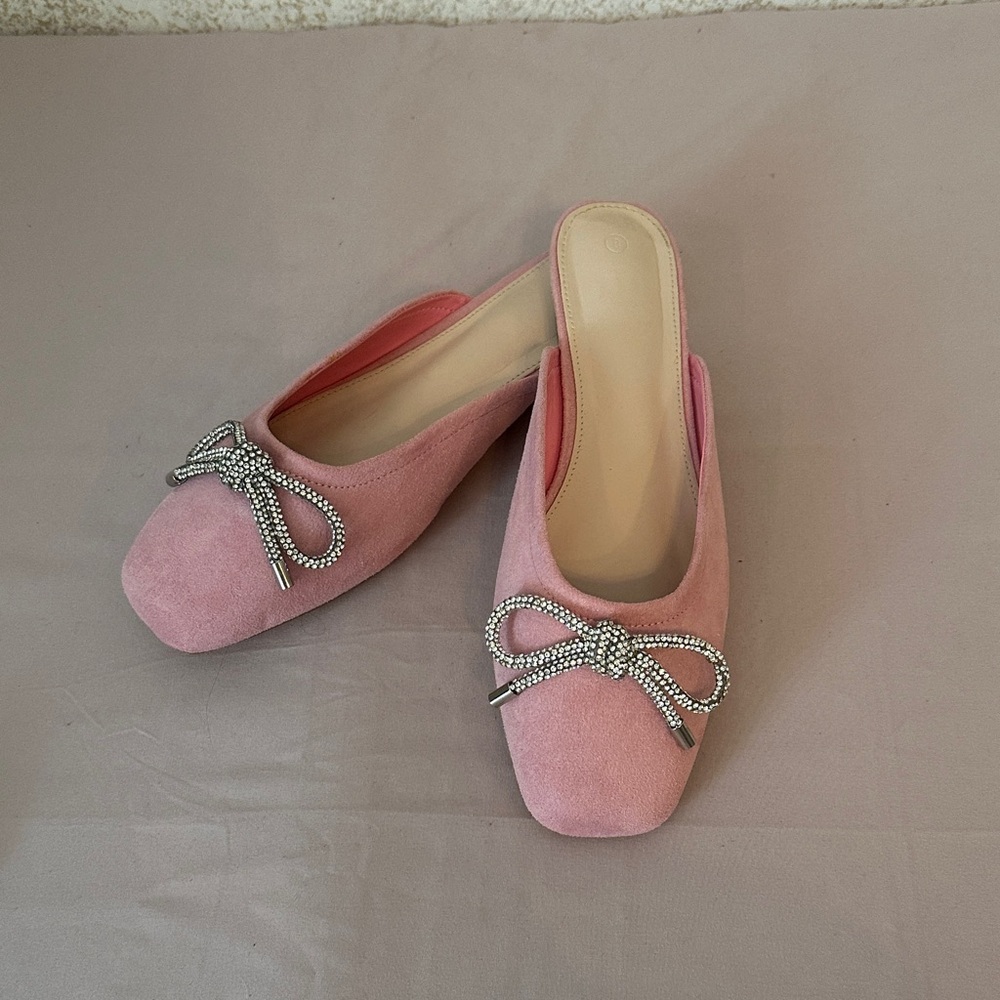 Pink Suede Bow Mule Flats - Elegant Women's Slip-On